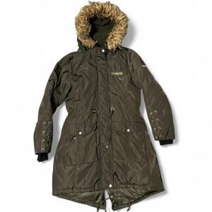 Olive Bebe Faux Fur Hooded Fishtail Parka Size S/P